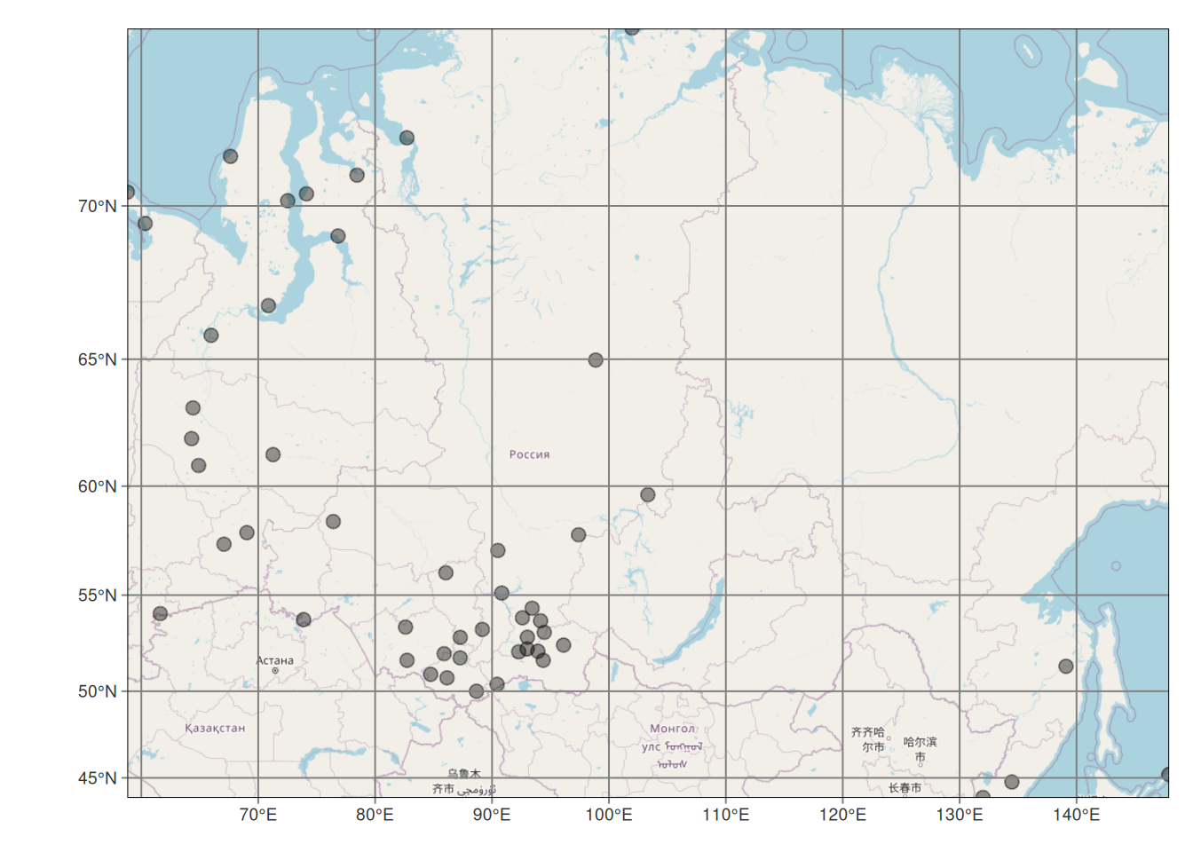 Lage der russischen Klimastationen mit Höheninformationen.