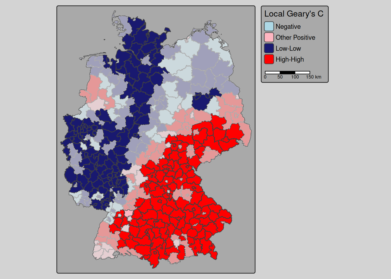 Local Geary's C for the empirical bayes index of the incidence cases. Non significant districts are overlayed with a semi-transparent mask.