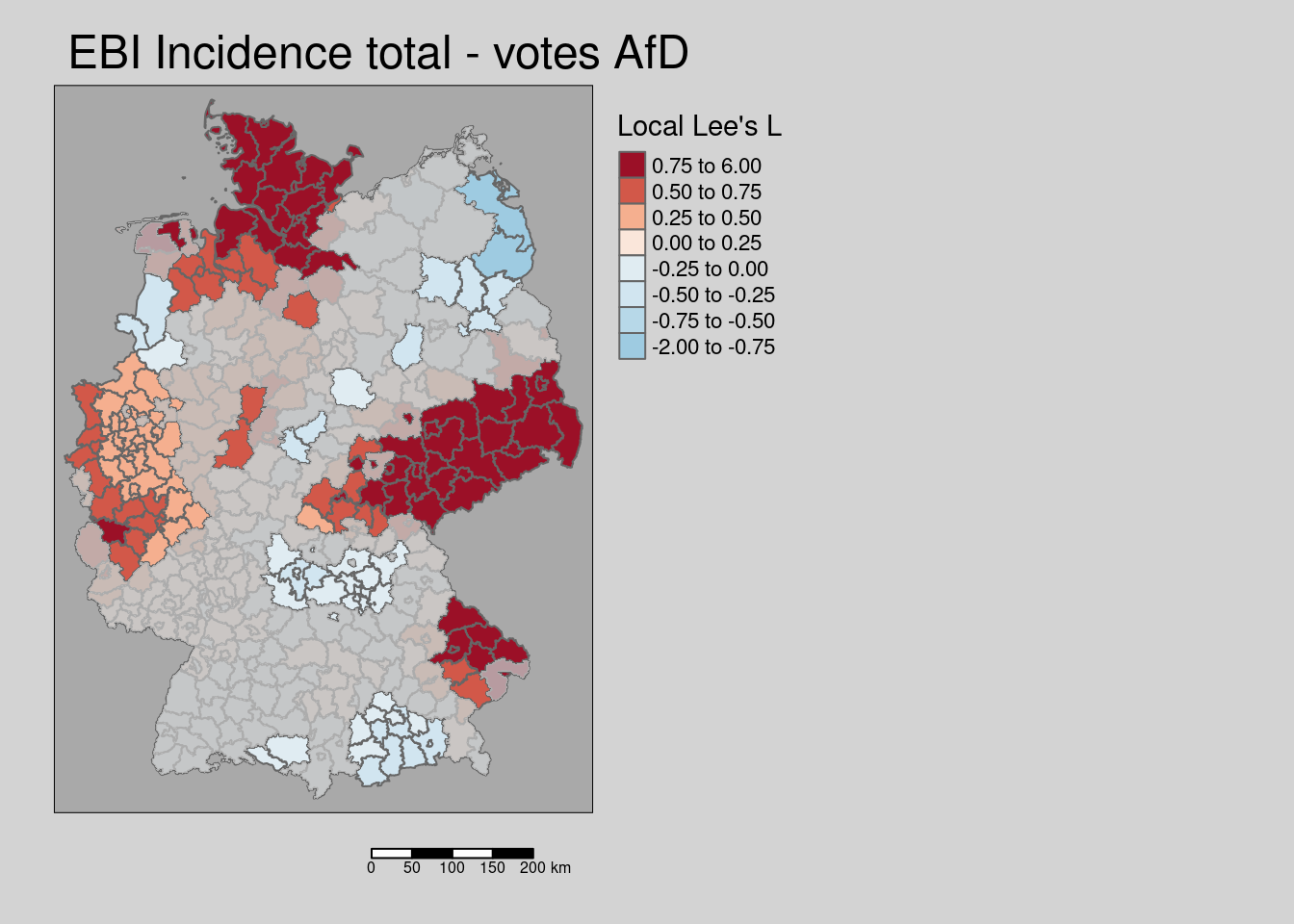 Local Lee's L for the empirical Bayes index for the COVID-19 incidence till 28.04.2022. Non-significant areas are masked. Holm adjustment for p-values.