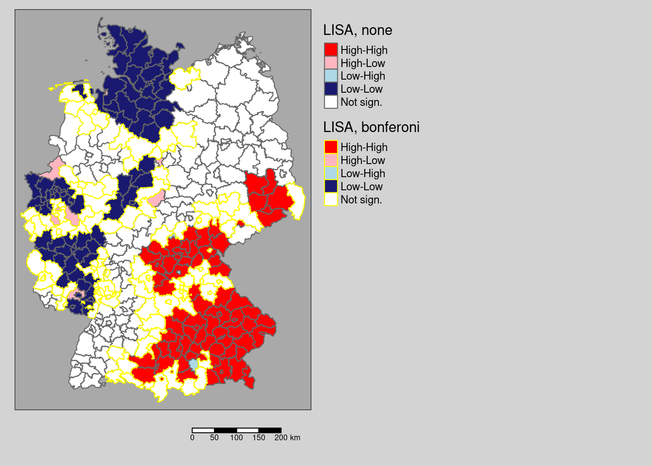 Changes in significance for the test based on a normal approximation. The regions highlighted by a yellow outline are those that are significant without p-value adjustment compared to a Bonferoni adjustment. For this example there is no difference between the districts labeld as significant for the Holm and the Bonferoni correction.