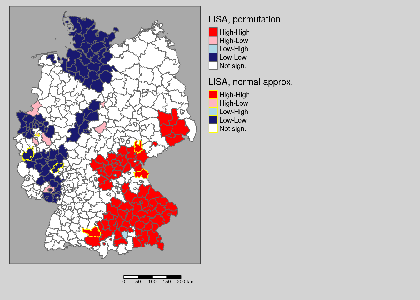 Changes in significance for the test based on a normal approximation and for a permuation test with 999 replications. The regions highlighted by a yellow outline are those that are significant for the normal approximation, but not based on the permutation test.