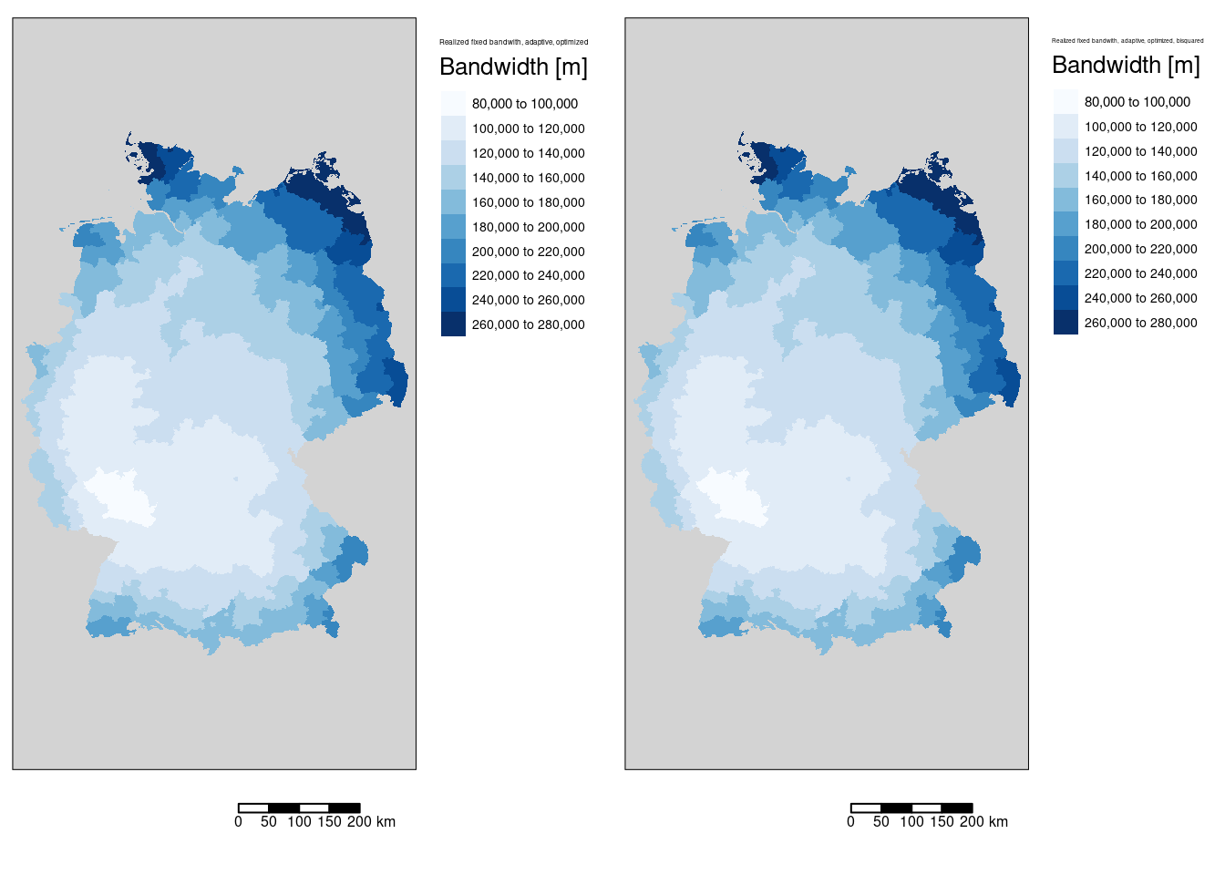 Effective bandwidth  for the COVID-19 incidence rate ggwr model. Two different kernels (bisquared and gaussian) have been used. For both kernels an adaptive bandwith approach has been used. The adaptive bandwidth (k-nearest neighbors) has been selected - based on CV - for each kernel separately.  The gaussian kernel based map is shown in the first columns, the bisquared kernel based map in the second column.