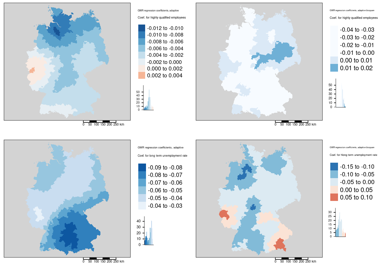 Local regression coefficients for the COVID-19 incidence rate ggwr model. Two different kernels (bisquared and gaussian) have been used. For both kernels an adaptive bandwith approach has been used. The adaptive bandwidth (k-nearest neighbors) has been selected - based on CV - for each kernel separately. Coefficients for two predictors are shown: the share of highly qualified employees (top row) and the longterm unemployment rate (bottom row). The gaussian kernel based maps are shown in the first columns, the bisquared kernel based maps in the second column.