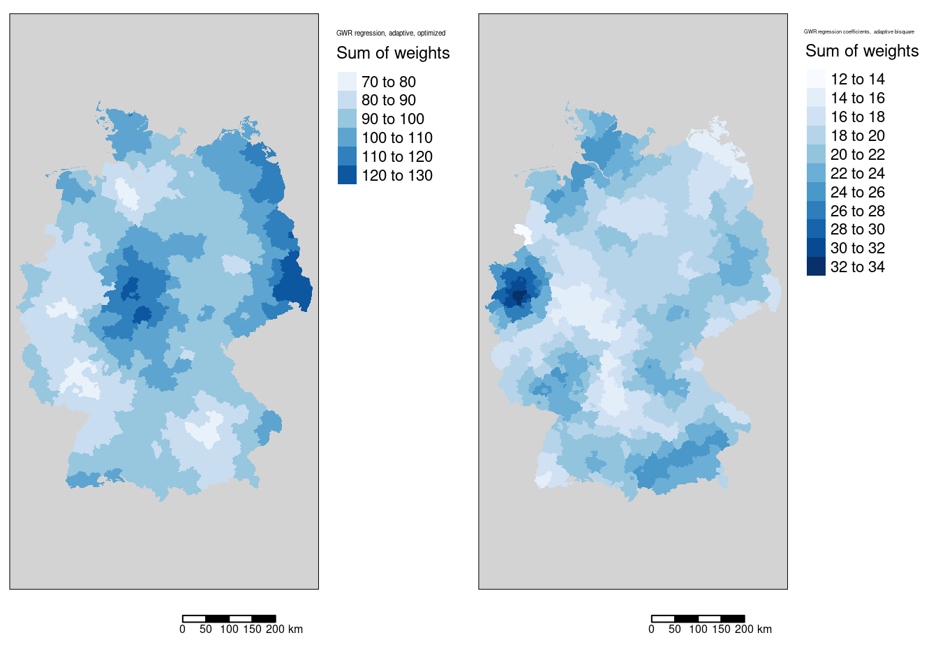 Sum of weights for the COVID-19 incidence rate ggwr model. Two different kernels (bisquared and gaussian) have been used. For both kernels an adaptive bandwith approach has been used. The adaptive bandwidth (k-nearest neighbors) has been selected - based on CV - for each kernel separately.  The gaussian kernel based map is shown in the first columns, the bisquared kernel based map in the second column.